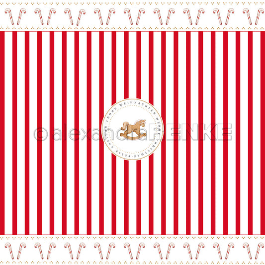 Design paper 'Red candy cane stripes with rocking horse'- P-AR-10.3727- A.RENKE