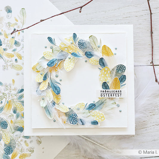 Design paper "Fluffy Feather Wreath Yellow-Petrol" P-AR-10.3805 - A.RENKE